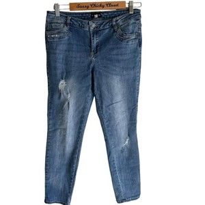 BEBE Supercharged Medium Wash Ladies Distressed Skinny Jeans Rhinestones,‎ 30